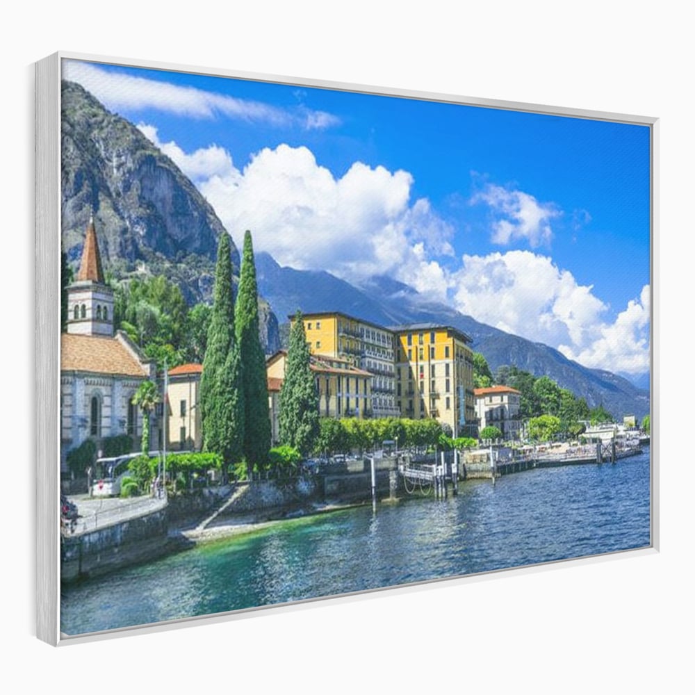 Tablou canvas cu peisaj urban pe malul lacului, in rama de aluminiu argintiu